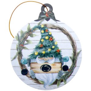 ornament gnome wearing Christmas tree hat sitting on wreath with Penn State Athletic Logo